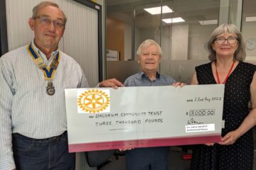 DCT receiving a cheque for £3000 from Berkhamsted Rotary. Pictured are Mike Hart (current Rotary President) Tony Williams (Chairman of DCT) and Dena Tyler (Trust Manager)