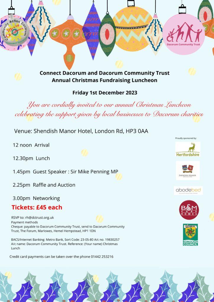 Invitation with a Christmas theme - to Dacorum Community Trust and Community Action Dacorum’s Christmas luncheon on the 1st December 2023